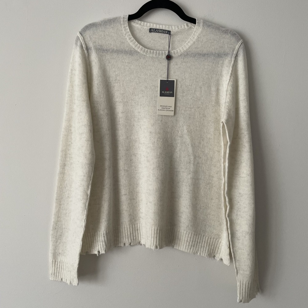 NWT Alashan 100% Merino Wool Distressed Crewneck Sweater Ivory Sz M Quiet Luxury